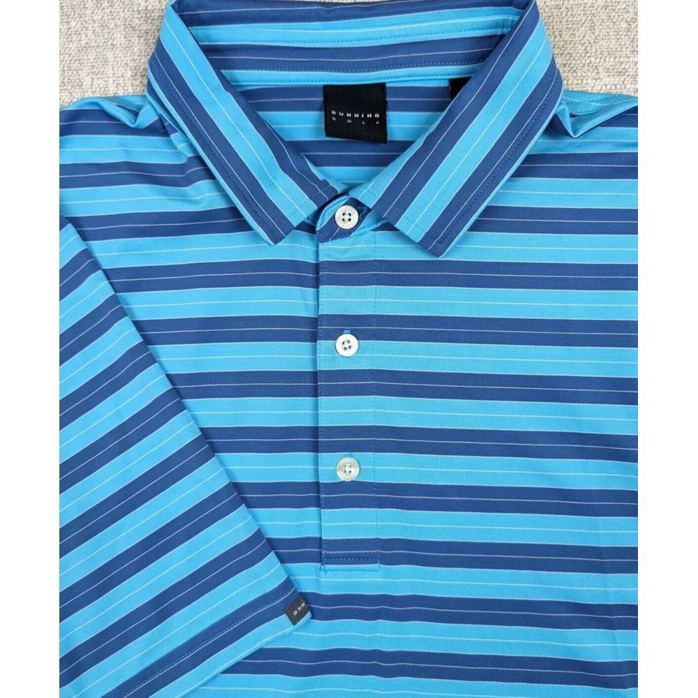 DUNNING GOLF‎ Men's Large Blue Striped Polo Golf Shirt Polyester Blend (1714)
